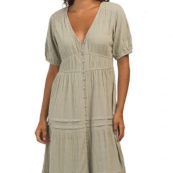 Lucky Brand Linen Tiered Pintuck Button Front Maxi Dress – Seagrass Green (S) - Picture 1 of 6